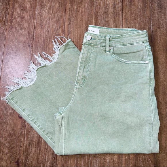 KanCan High Rise Wide Leg Cropped Jeans Raw Hem Pastel Green Shark Bite hem Boho - Picture 5 of 11